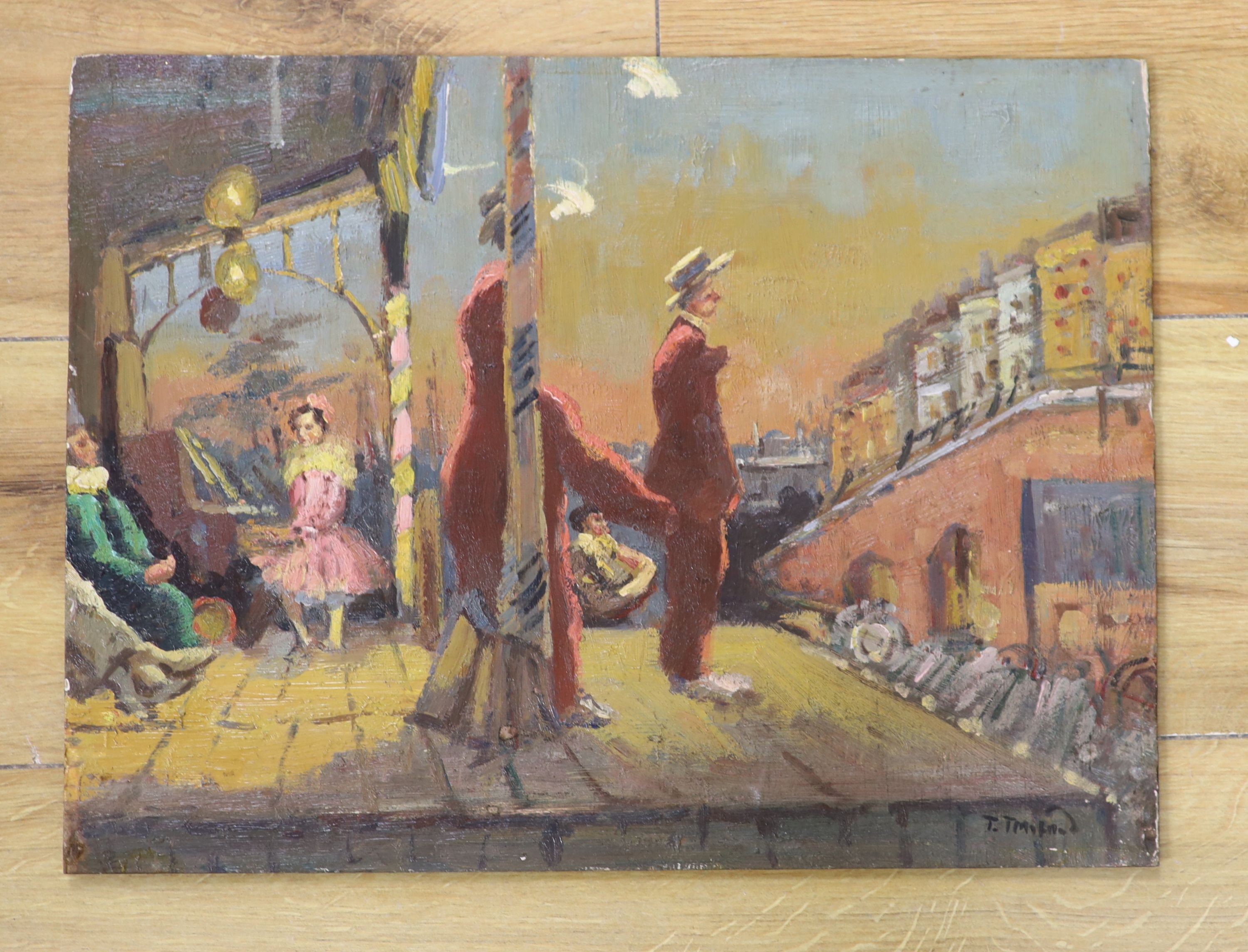 After Walter Richard Sickert, oil on board, Brighton Pierrots, 30.5 x 41cm, unframed